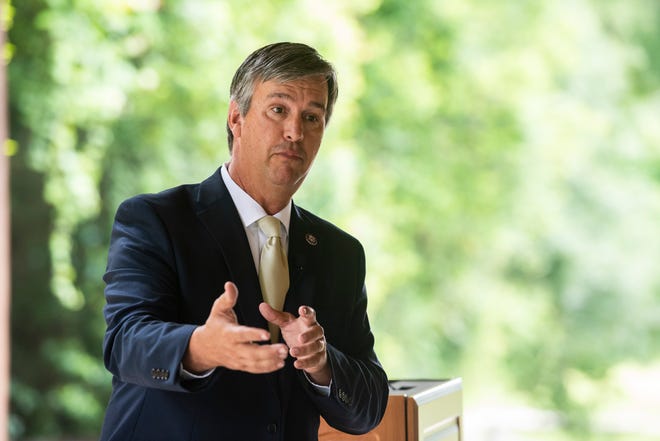U.S. Rep. Barry Moore speaks during a Millbrook Chamber of Commerce event at Alabama Nature Center in Millbrook, Ala., on Wednesday, June 2, 2021.