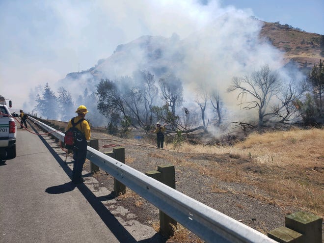 A stretch of I-84 was closed in the Gorge while a wildfire reduced visibility on Wednesday, June 2, 2021.