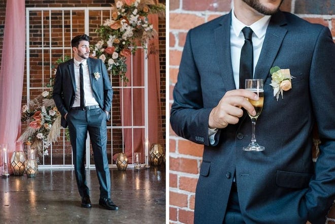 A model wears a suit from Pursuit