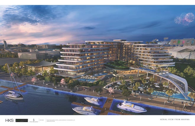 The rendering of Jaguars owner Shad Khan's planned Four Seasons Hotel on the riverfront in the sports complex area shows how it would look from the river. TIAA Bank Field is in the background. (Provided by the Jacksonville Jaguars)