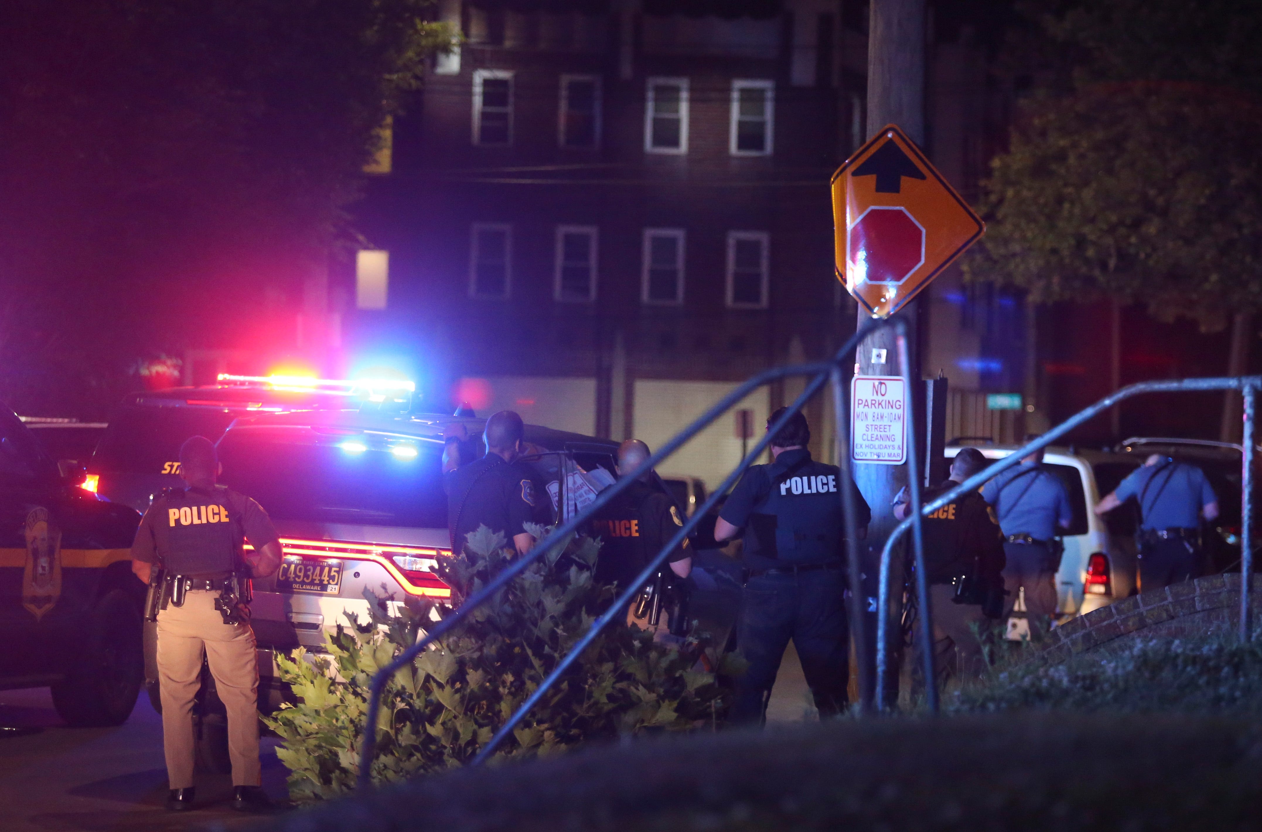 Police respond after three Wilmington police officers were shot in the 2400 block of Market Street late Wednesday, June 2, 2021.