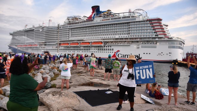An enthusiastic crowd greeted the Carnival Mardi Gras when it arrived at Port Canaveral.