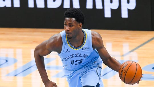 Memphis Grizzlies forward Jaren Jackson Jr. brings the ball up the floor during the second half of Game 3 of an NBA basketball first-round playoff series against the Utah Jazz, Saturday, May 29, 2021, in Memphis, Tenn. (AP Photo/John Amis).