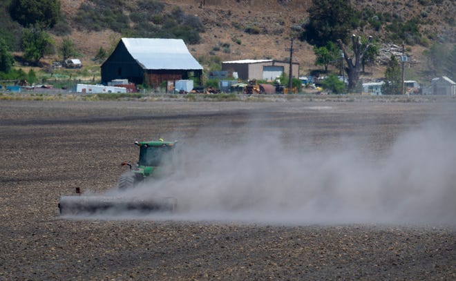 A farmer works in a field north of Klamath Fall on the east shore of Upper Klamath Lake in Oregon on Friday, June 4, 2021.