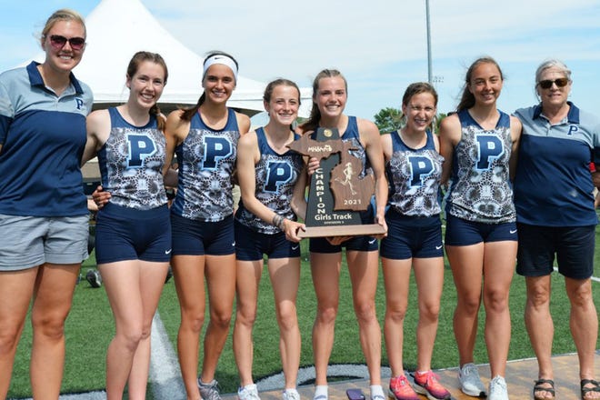 The Petoskey girls track and field team came away with a 48-point finish, 19 points better than the next placing team, to earn a Division 2 state title Saturday. In attendance were (from left) assistant coach Megan Tompkins, Sarah Liederbach, Noel VanderWall, Caroline Farley, Emma Squires, Gretchen Woodbury, Mya Massey and head coach Karen Starkey.