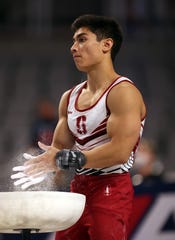 FORT WORTH, TEXAS - JUNE 05:  Brandon Briones #19 prepares to compete on pommel horse during the Men's Senior competition of the U. S. Gymnastics Championships at Dickies Arena on June 05, 2021 in Fort Worth, Texas. (Photo by Jamie Squire/Getty Images)