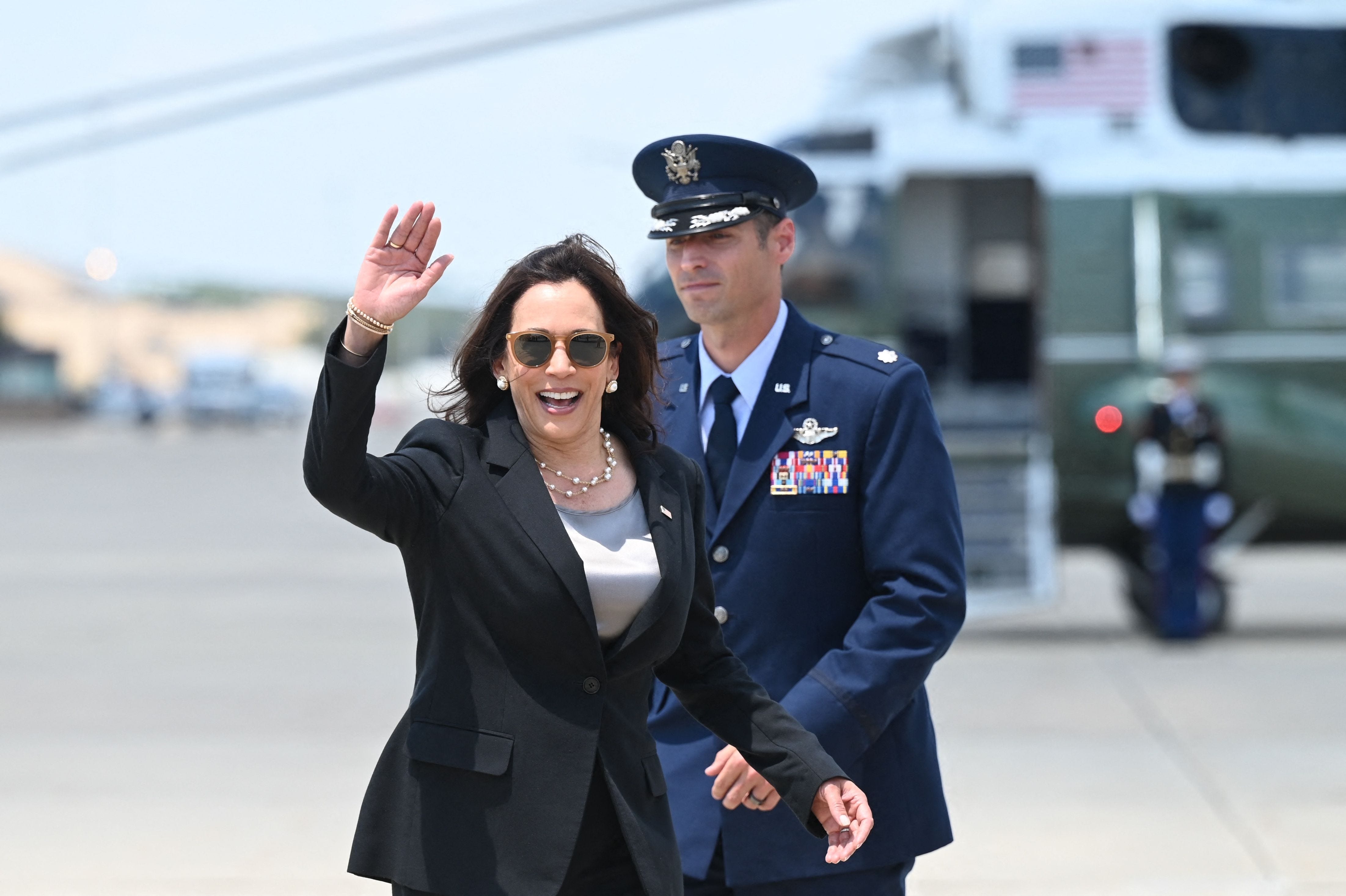 Vice President Kamala Harris boards Air Force Two to fly to Guatemala and Mexico on June 6, 2021, at Andrews Air Force Base in Maryland.