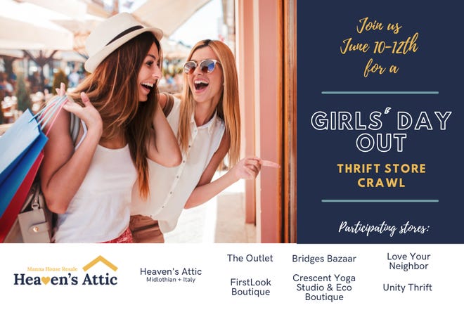 A promotional flyer advertising the Girls’ Day Out Thrift Store Crawl Summer Edition scheduled for this weekend.