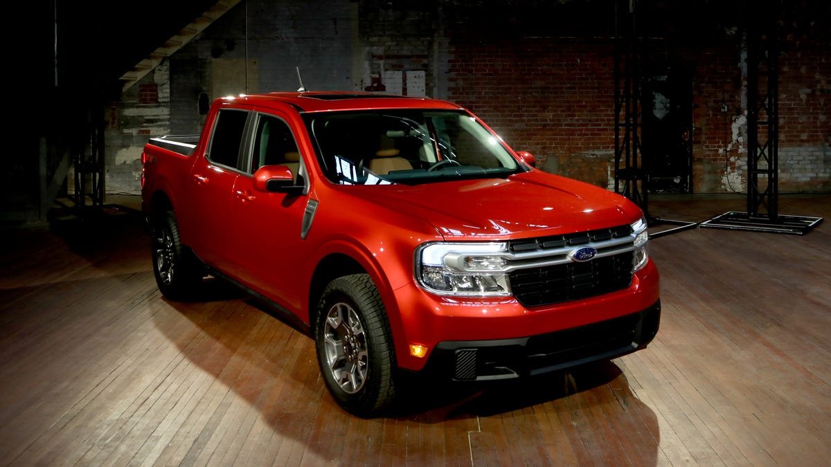 The 2022 Ford Maverick Lariat FX4 (EcoBoost engine) in a Hot Pepper Red color that was shown off to the media at a studio in Detroit on Wednesday, June 2, 2021.  