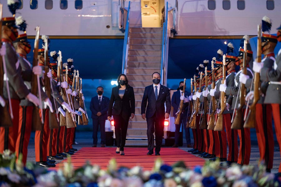Vice President Kamala Harris is greeted by Guatemalan Foreign Minister Pedro Brolo upon arrival in Guatemala City on June 6.