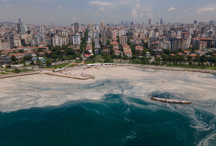 June 7, 2021:  An aerial photo of the sea at the Caddebostan shore, in Asian side of Istanbul, with a huge mass of marine mucilage, a thick, slimy substance made up of compounds released by marine organisms, in Turkey's Marmara Sea. Turkey's President Recep Tayyip Erdogan promised Saturday to rescue the Marmara Sea from an outbreak of "sea snot" that is alarming marine biologists and environmentalists.