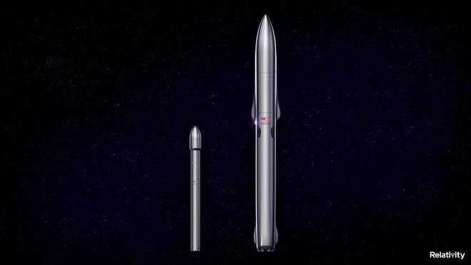Relativity Space's Terran R vehicle, at right, is seen compared to the Terran 1 rocket that's slated to launch before the end of 2021.