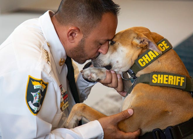 Lee County Sheriff Carmine Marceno greets Chance on Monday, June 7, 2021, in Fort Myers.