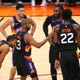 Phoenix Suns guard Chris Paul (3) talks to his teammates during the first quarter against the Denver Nuggets in the NBA second round playoff series in Phoenix. June 7, 2021. 