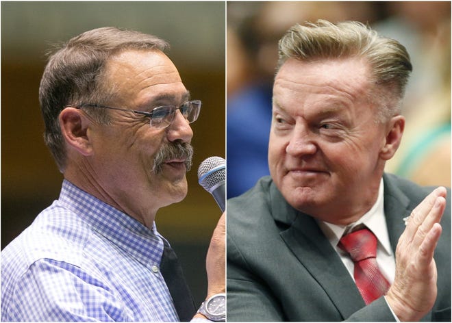 Arizona legislators Mark Finchem, left, and Anthony Kern were in D.C. during the Capitol riot.