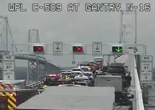 A traffic camera shows congestion growing on the Chesapeake Bay Bridge as first responders work the scene of a crash that closed the westbound lanes on Tuesday, June 8, 2021.