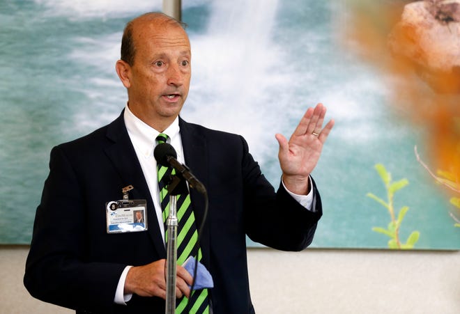 CoxHealth CEO Steve Edwards answers questions at a press conference at Cox South on Tuesday, June 8, 2021.