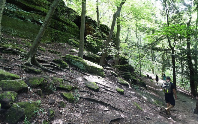 Hikers make their way along the Ledges Trail in Cuyahoga Valley National Park on June 9.