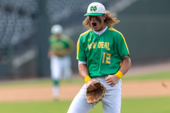 New Deal pitcher Harley Patterson celebrates an out against Shiner during a Class 2A UIL state baseball semifinal game in Round Rock , Wednesday, June, 9, 2021. 