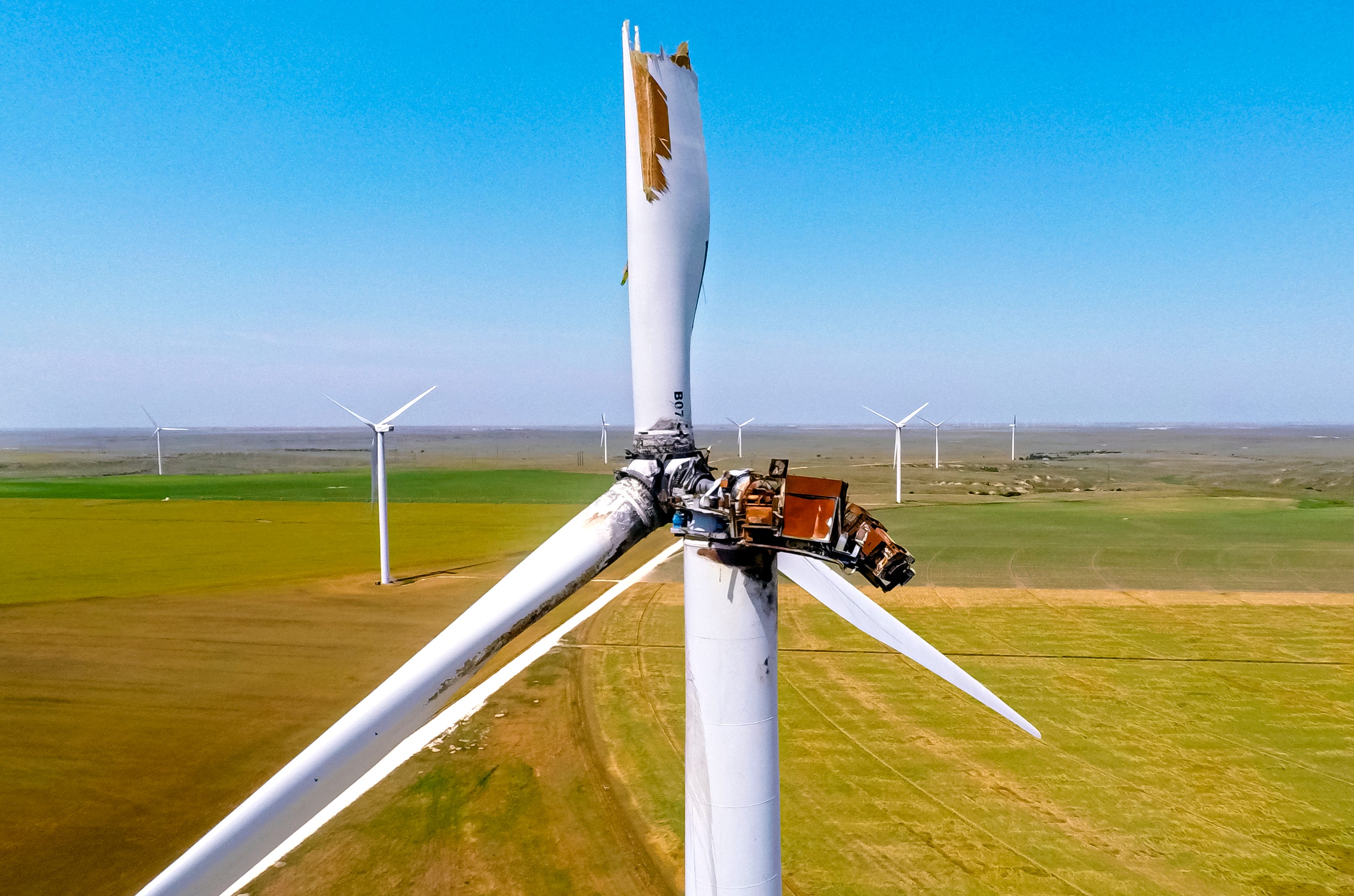 Regulators were shocked to see damage like this to wind turbines on a failing wind farm owned by Olympia Renewable Platform LLC. in 2021. Olympia is removing all of its turbines as it decommissions its project.