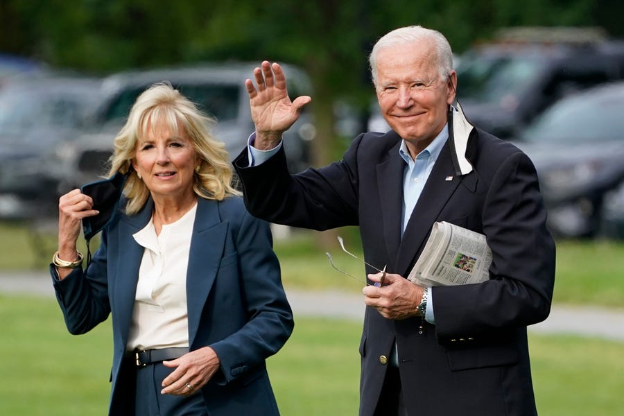 President Joe Biden and first lady Jill Biden depart the White House on June 9, 2021, for their first international trip, to the United Kingdom to attend a summit and to meet with Queen Elizabeth II.