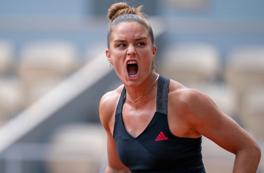 June 9: Maria Sakkari reacts during her match against Iga Swiatek on Day 11 of the French Open.