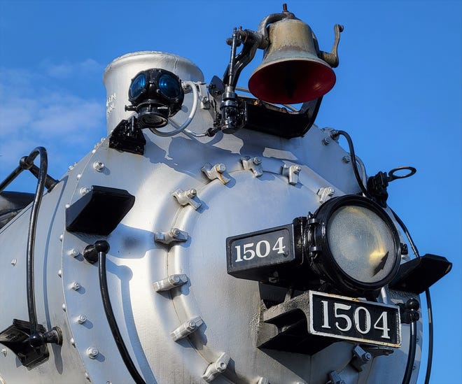 The main headlight, warning beacon and bell are at the front of the boiler on Atlantic Coast Line locomotive No. 1504. The 101-year-old locomotive and tender was restored by the North Florida Chapter of the National Railway Historical Society.