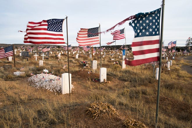 Flags flying at the Navajo Veterans Cemetery, Fort Defiance, Arizona.