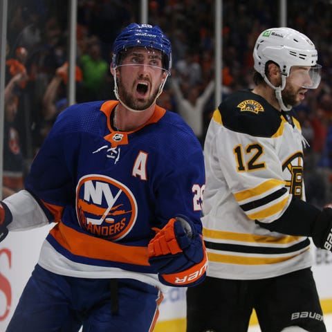 The New York Islanders' Brock Nelson celebrates on