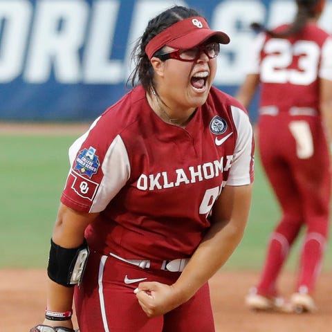 Oklahoma pitcher Giselle Juarez celebrates after t