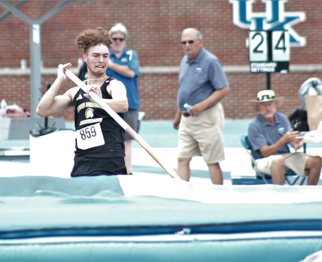 Lloyd Memorial junior Jake Davidson approaches the mat in the pole vault during the KHSAA Class 1A state track and field championships, June 10, 2021, at the University of Kentucky track complex, Lexington.