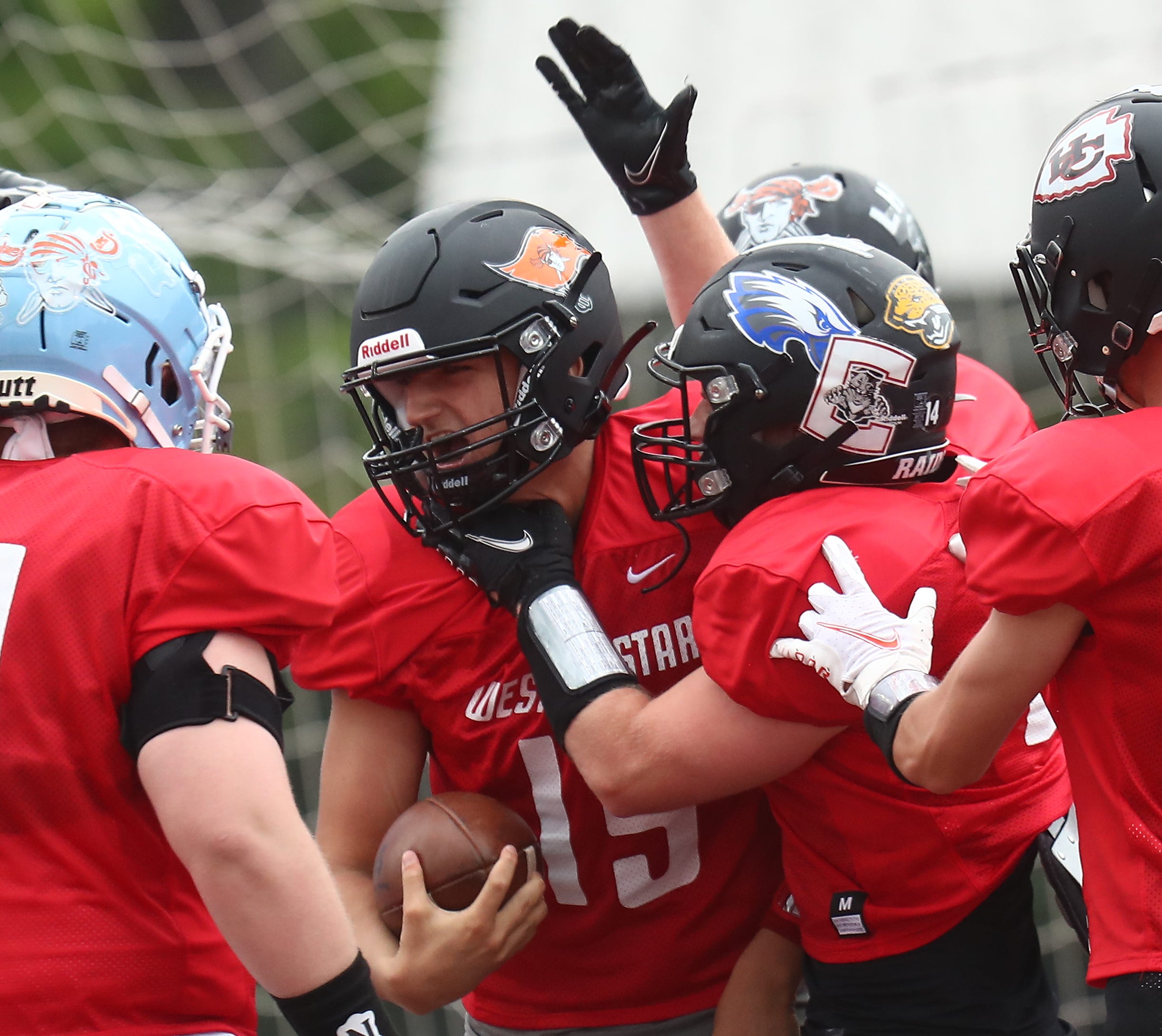 West quarterback Braydon Lyons (15) celebrates after scoring a touchdown during the East vs. West all-star football game at Dixie Heights, Thursday, June 10, 2021.