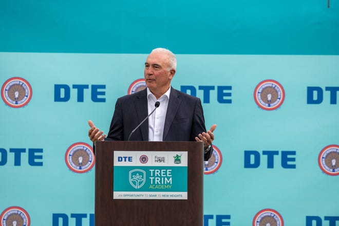 Jerry Norcia, president and CEO of DTE Energy, at a June 3, 2021 event unveiling the new Tree Trimming Academy, which is training people for much needed tree trimming jobs.