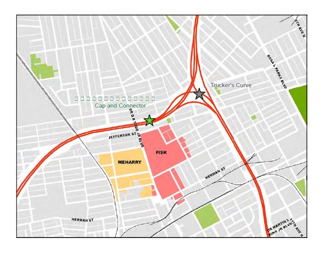 The star marks the location of a proposed cap over Interstate 40 that would reconnect two neighborhoods separated by the highway.