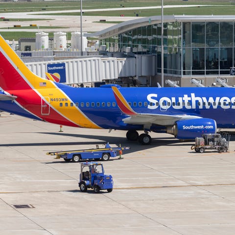Baggage is loaded onto a Southwest Airlines plane 