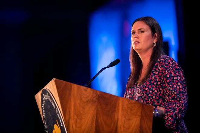 Former White House Press Secretary and current Arkansas gubernatorial candidate Sarah Huckabee Sanders speaks during the Indiana GOP Spring Dinner in Indianapolis in June 2021.