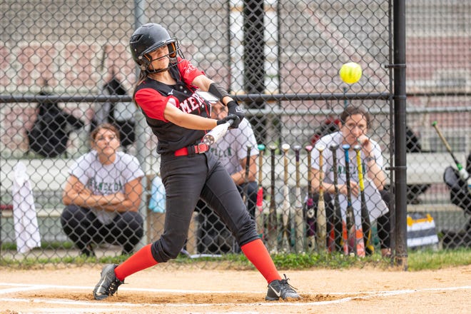 Emerson #13 Amanda Sallemi driving in the first run of the North 1, Group 1 softball sectional final in Emerson, N.J. on Saturday, June 12, 2021.