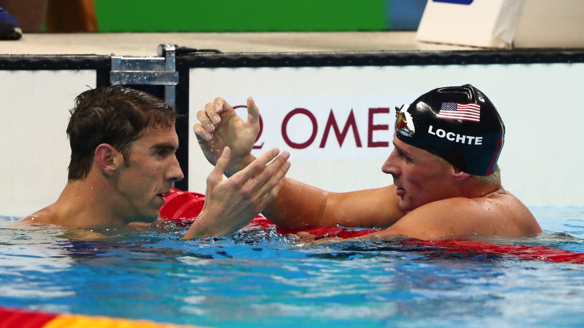 Michael Phelps and Ryan Lochte after the men's 200 individual medley final in the Rio 2016 Summer Olympic Games at Olympic Aquatics Stadium.