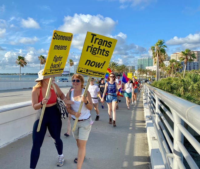 LGBTQ+ protest heading across Ringling Bridge on the 5th anniversary of the Pulse massacre.