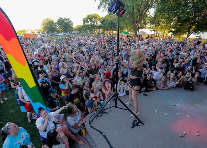 Drag show artist Melee performs during the Stevens Point Pride Festival on Saturday, June 12, 2021, at Pfiffner Park in Stevens Point, Wis.
Tork Mason/USA TODAY NETWORK-Wisconsin