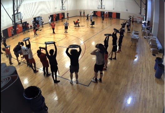 A surveillance video of a McKinley High School workout on May 24 shows a player at the center of the school's auxiliary gym while his teammates followed a series of weighted workouts around him. The 17-year-old player's family has accused the coaches of forcing him to eat an entire pepperoni pizza against his religious beliefs.