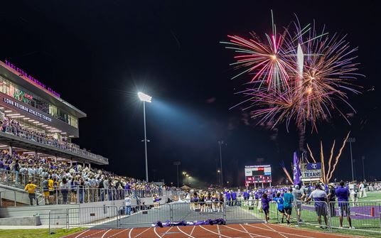 Fireworks light up the sky following a game against Doane University in this Tarleton State University file photo. This year, postgame fireworks are planned following the homecoming game on Oct. 23 vs. Midwestern State.