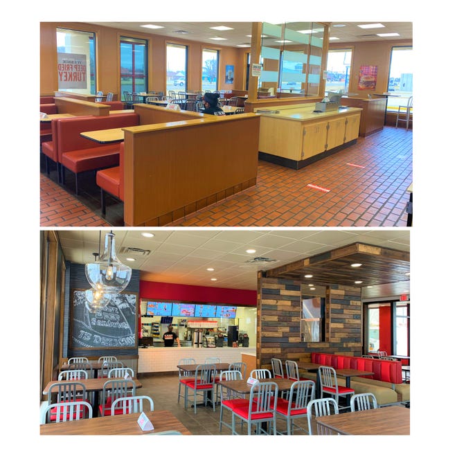 Shown is a before-and-after example of the changes being made to some Arby's restaurants.