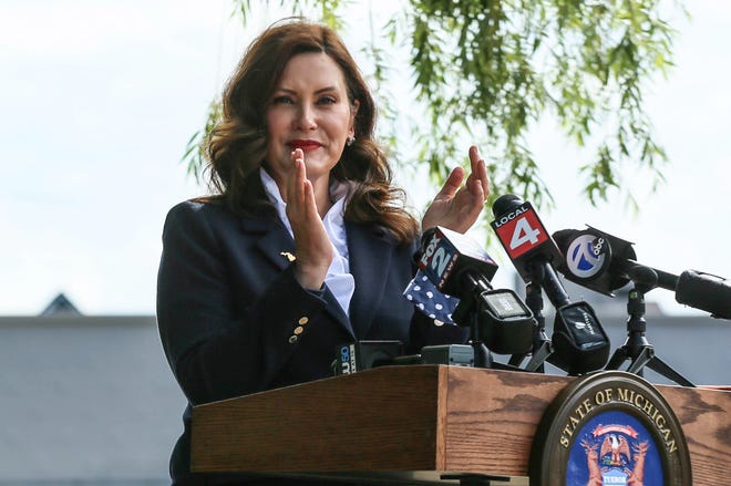 Governor Gretchen Whitmer claps during press conference at Troy Babes in Toyland in Troy on Monday, June 14, 2021. Gov. Whitmer unveiled a $1.4 billion plan to expand affordable child care.