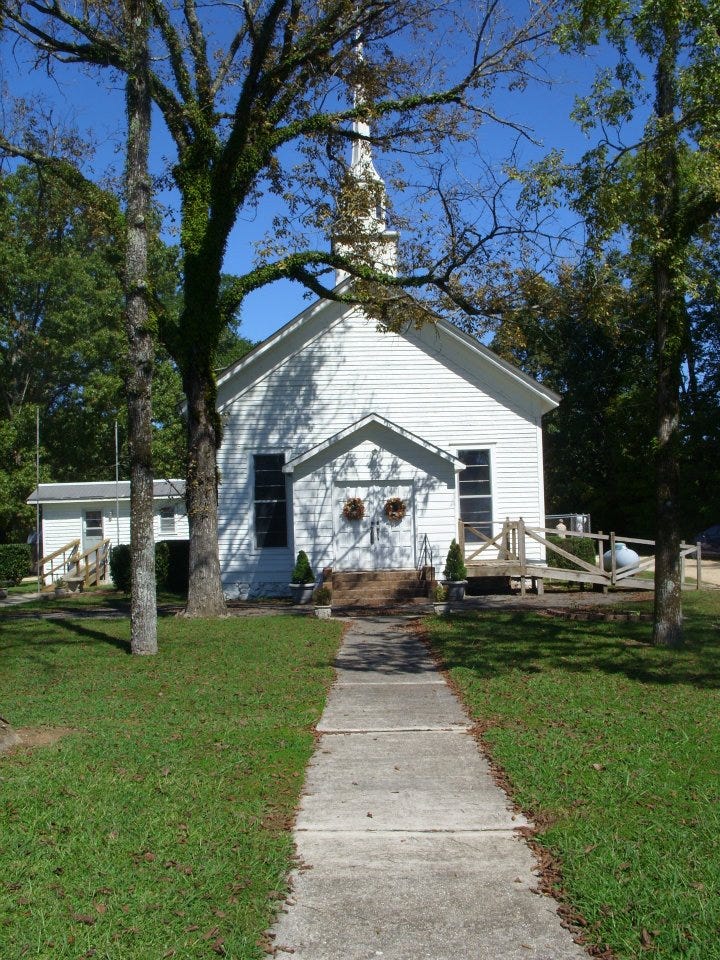 The steeple of the Ragan Chapel United Methodist Church on Ragan Chapel Road in Ohatchee, Ala