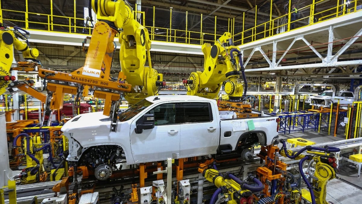 A 2020 Chevrolet Silverado HD being built Thursday, January 24, 2019 at General Motors Flint Assembly in Flint, Michigan. This shows the types of robots/assembly line GM is installing at Oshawa Assembly in Canada.