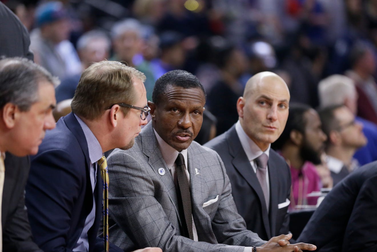 Pistons coach Dwane Casey, center, and Rex Kalamian, right, worked together in Toronto.
