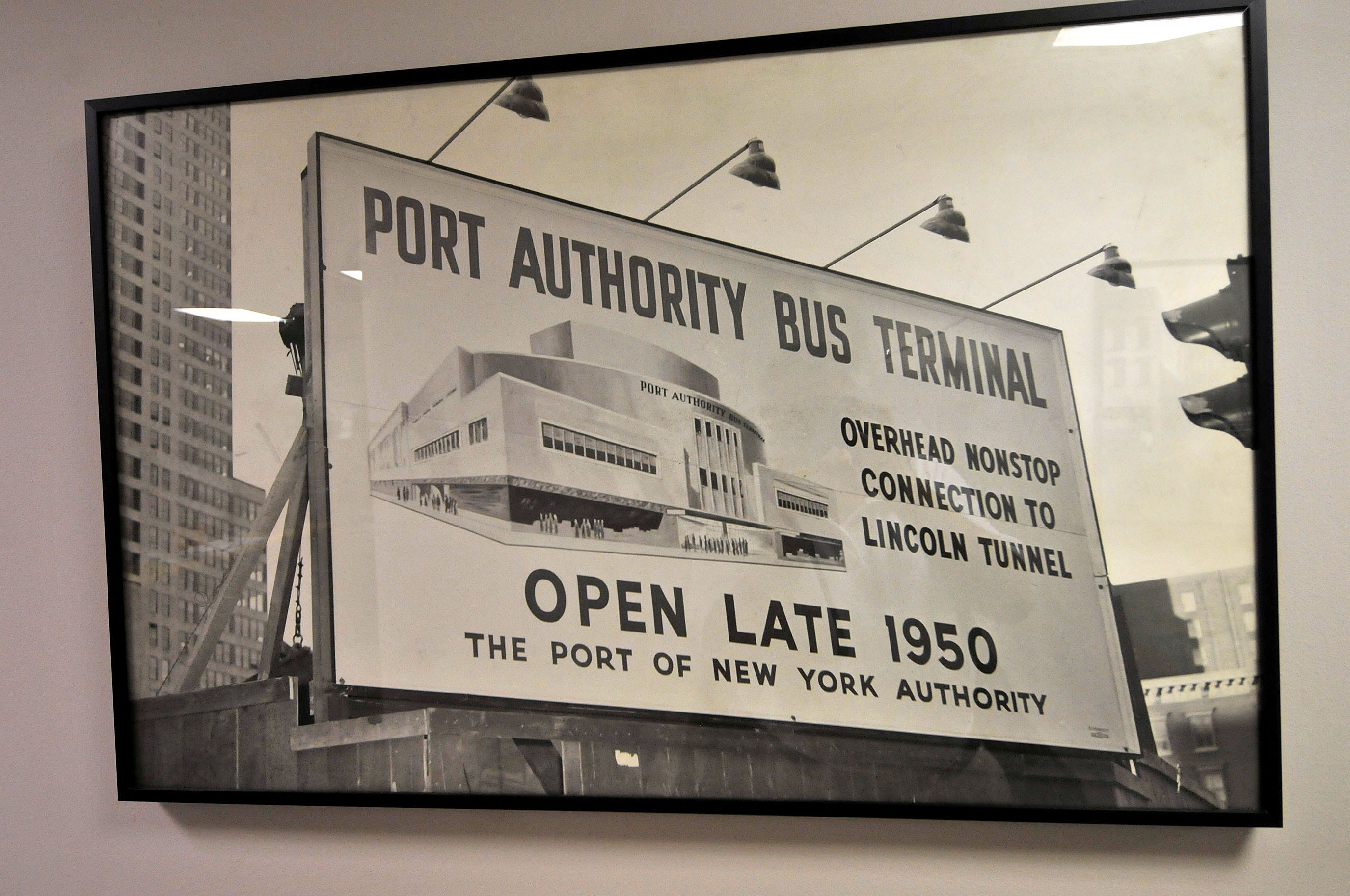 A billboard announces the opening of the Port Authority Bus Terminal in 1950.