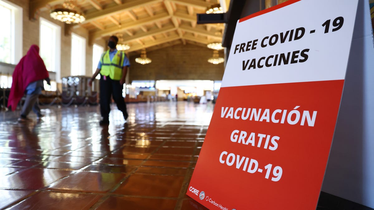 A sign advertises a free vaccination site set up inside Union Station in an effort to target commuters on June 10, 2021 in Los Angeles, California.