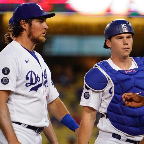 Dodgers pitcher Trevor Bauer and catcher Will Smit